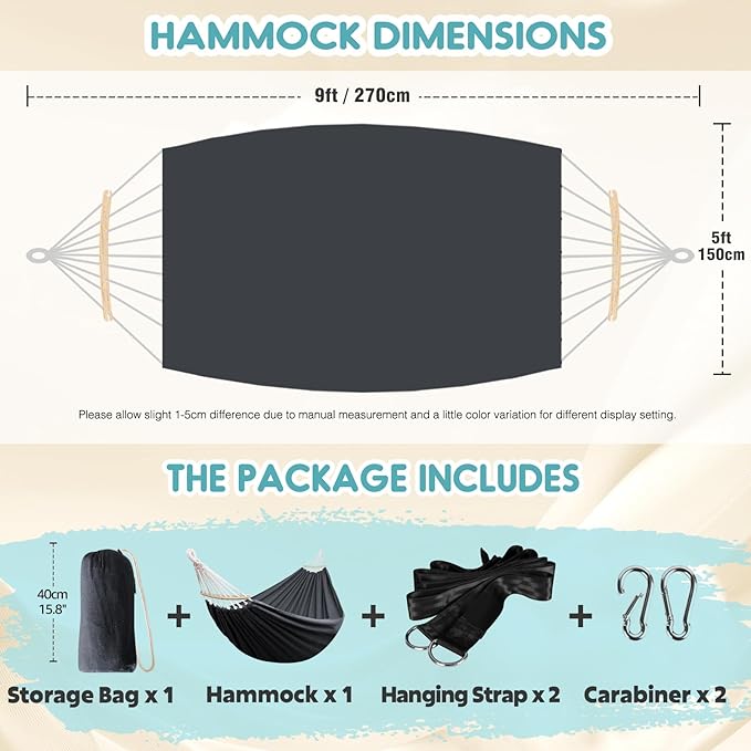 Anyoo Garden Cotton Hammock Comfortable Fabric Hammock with Spreader Bar Sturdy Hammocks Up to 450lbs Portable Lightweight Hammocks with Travel Bag for Camping Outdoor/Indoor Patio Backyard