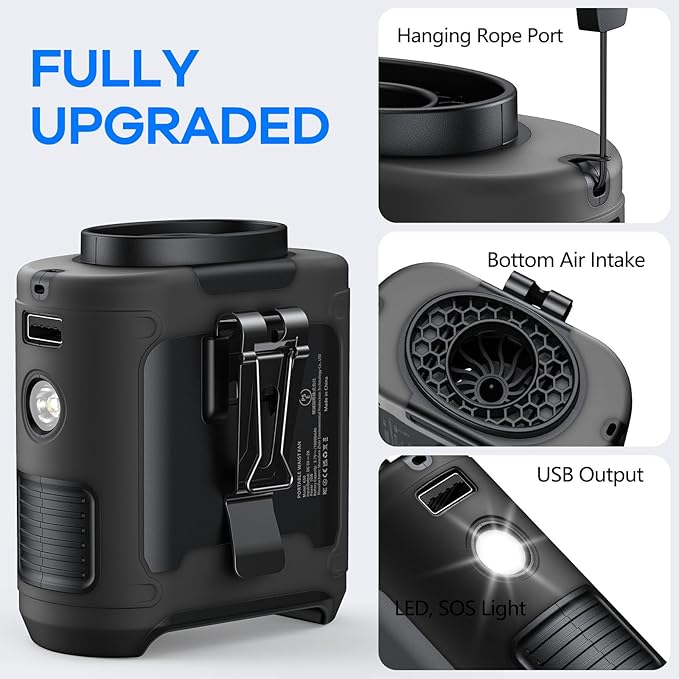 AI Portable Waist Clip Fan, Upgraded 10000mAh Rechargeable Battery Wearable Belt Personal Fan, 16000RPM Powerful 5 Speeds Shirt with Flashlight Neck Hands-Free 40H Cooling (Black)