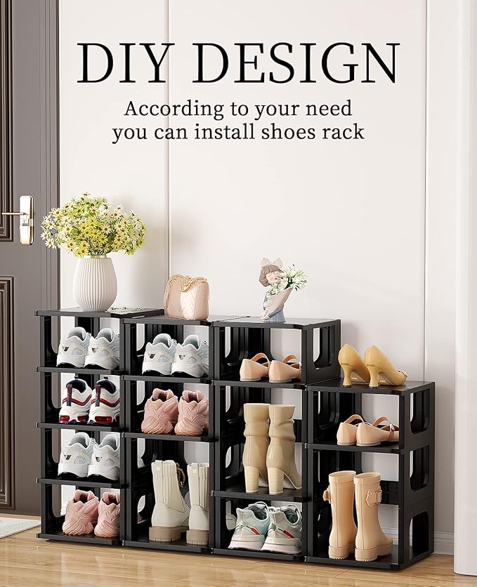 HAIXIN Adjustable 10 Tier Shoe Organizer - Narrow Plastic Vertical Shoe Rack for Closet, Entryway, Boots - Stackable Shoe Cabinet