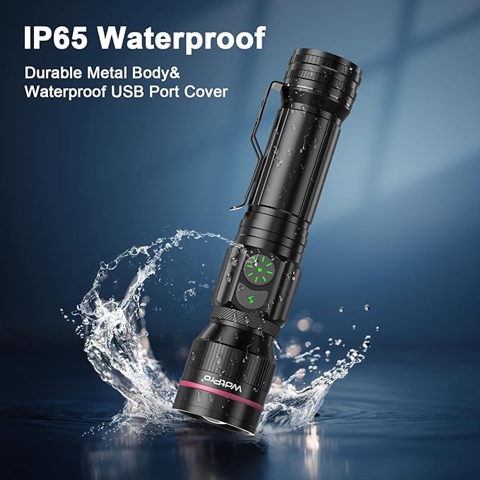WdtPro Rechargeable Flashlight, Bright LED Flash Light, 5 Modes, Zoomable Small Torch with Clip, Waterproof, Flash Lights for Camping Essential Outdoor Home Emergency