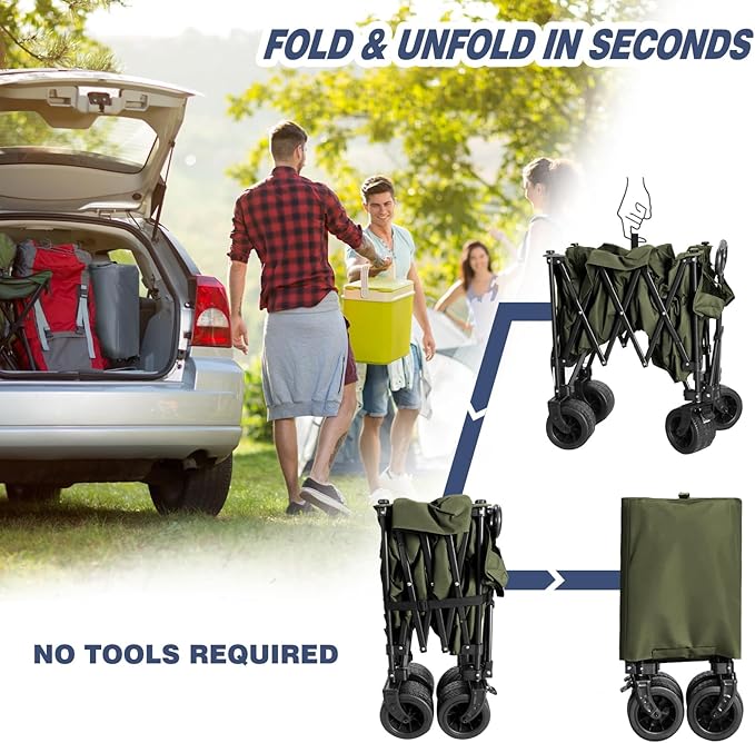 Chihee Garden Cart Collapsible Outdoor Utility Wagon Cart,Folding Beach Cart Oversized Capacity 254L,Heavy Duty Portable Wagon All Terrain Wheels Oversized Side Pocket 2 Drink Holders for Camping