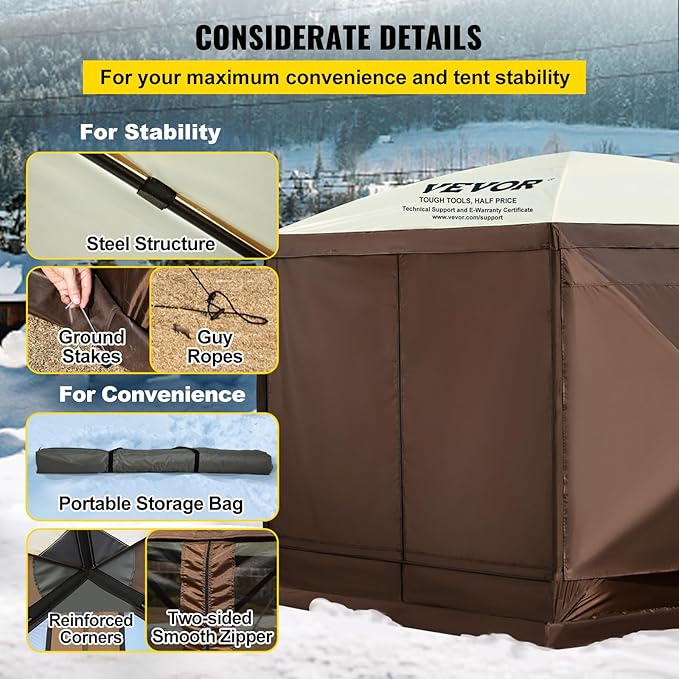 VEVOR Pop Up Gazebo Screen Tent, Pop-Up Instant Gazebo Tents with Mosquito Netting Outdoor Canopy, 6 Sided Sun Shelter 10x10ft with 6 Removable Wind Cloths & 2 Mesh Windows, Pavilion Tent for Patio