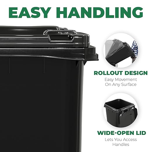 EconoHome Outdoor Garbage Can with Lid - 32 Gallon Trash Can for Backyard, Deck, Garage - Dual Wheels, Extra Heavy-Duty, Durable Handle - Versatile Home & Commercial Storage Container - Black, 2-Pack