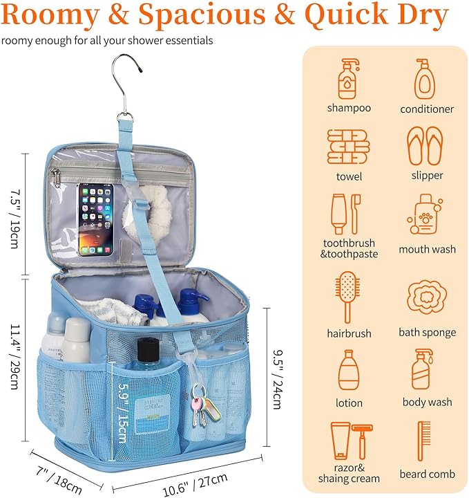 CUBETASTIC Shower Caddy Portable Mesh Shower Tote for Bathroom, Gym, Travel, Camping - Quick Dry Hanging Organizer Toiletry Bag with Handle for College Dorm Room, Men & Women (A# Blue, 9.8")