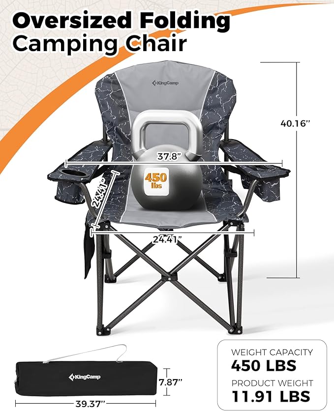KingCamp Oversized Camping Folding Chair, Heavy Duty 450 LBS with Lumbar Support, Padded seat with Cup Holder&Cooler Bag, Ideal for Camp, Fishing, Sports Event, Backyard, Patio, Lawn