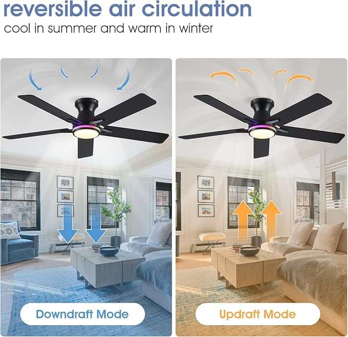 52" RGB Ceiling Fans with Lights and Remote/APP,Black Low Profile Ceiling Fans with Quiet Reversible DC Motor,Modern Flush Mount Ceiling Fan Light for Bedroom Kids Room