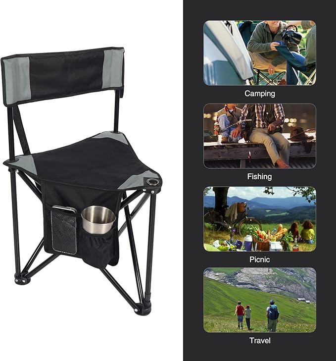 REDCAMP 2 Pack Tripod Camping Chairs Folding Lightweight, Portable 3 Legged Tripod Stool Seat with Backrest, Small Golf Chair Compact for Adults Fishing Hunting, Black