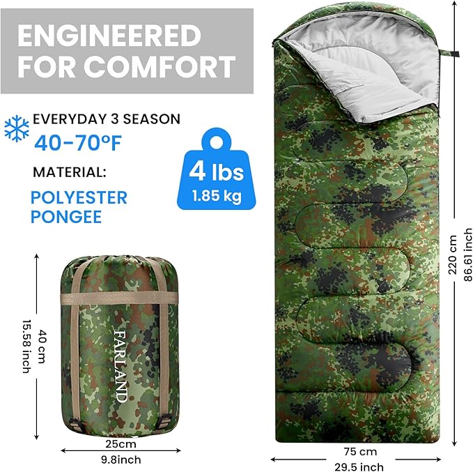 FARLAND Sleeping Bags 30℉ for Adults Teens Kids with Compression Sack Portable and Lightweight for 3-4 Season Camping, Hiking,Waterproof, Backpacking and Outdoors