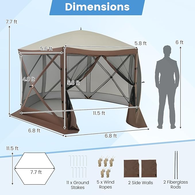 Tangkula 11.5x11.5 Ft Pop Up Gazebo with Netting, Portable Screen Tent with 6 Sided Mesh Walls, 2 Sunshade Cloths, Outdoor Instant Canopy Shelter with Carry Bag for Camping, Lawn, Backyard