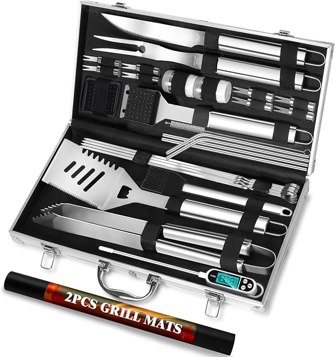 ROMANTICIST 30pcs Stainless Steel Grill Tool Set, Heavy Duty BBQ Grilling Accessories for Men Women, Non-Slip Grill Utensils Kit with Thermometer Mats in Aluminum Case for Fathers Day Silver