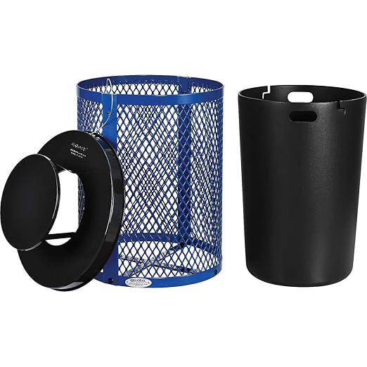 Global Industrial Outdoor Diamond Steel Trash Can with Rain Bonnet Lid and Plastic Liner, 36 Gallon Capacity, Blue, Thermoplastic Coating, 23-1/2" Diameter, 40-1/2"H