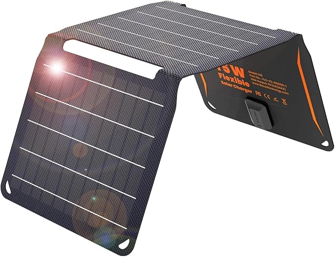 FlexSolar 15W USB Solar Panel Small Portable Foldable Solar Charger (5V/3A Max), Mobile Solar Panels Compatible with Cell Phone iPad, IP67 Waterproof Mini Solar Panels for Backpacking, Camping, Hiking