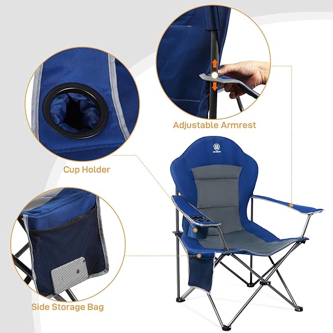 EVER ADVANCED High Back Folding Camping Chair Oversized and Fully Padded, Portable Quad Camp Lawn Chair Up to 400 lbs, with Cup Holder Armrest Carrying Bag