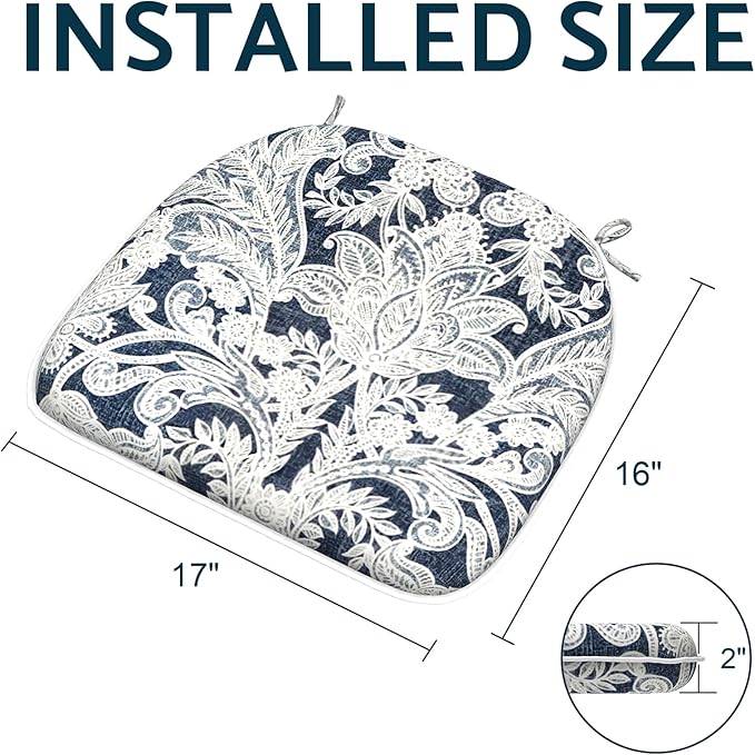 Indoor/Outdoor Chair Cushions 16x17 Inch, Patio Chair Cushions with Ties, All Weather Seat Cushions for Patio Furniture Home Garden Chair Use, Set of 2,Damask Lapis