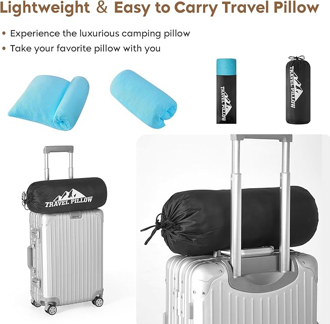 Small Shredded Memory Foam Pillow, Camping Pillow Travel Pillow - Compressible Medium Firm, Breathable Cover, Ideal Backpacking Hiking, Airplane and Car (Sky Blue, L)