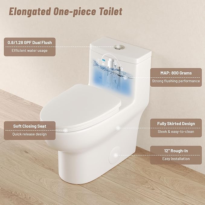 Deer Valley One Piece Toilet, DV-1F026 Elongated Toilet with Powerful Dual Flush 0.8/1.28 GPF, Soft-Close Seat, Standard Height, Easy-Clean Skirted Design, 12" Rough-In