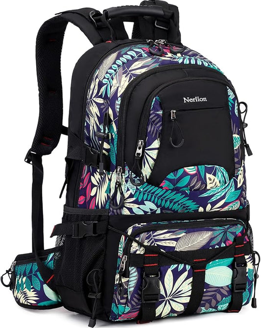 Nerlion 40L Hiking Backpack Travel Backpack for Men Women Camping Waterproof Outdoor Hiking Daypack Lightweight Backpack (Blue Leaves)