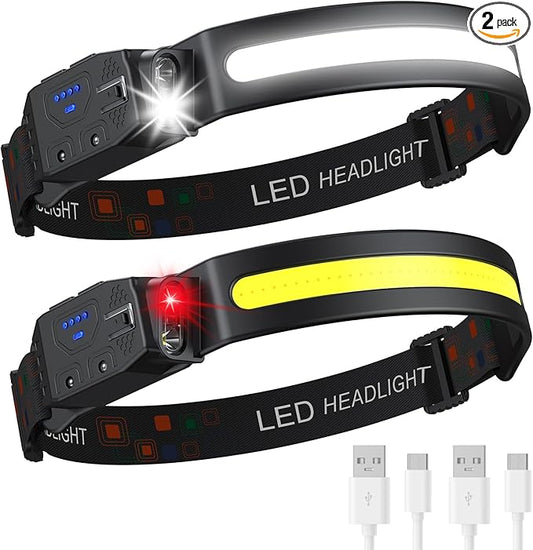 Headlamp Rechargeable 2PCS, 230° Wide Beam High Lumen LED Head Lamp for Adults, Motion Sensor Hard Hat Head Lights for Forehead,6Mode Headlight Flashlight for Camping Fishing Hiking Gear
