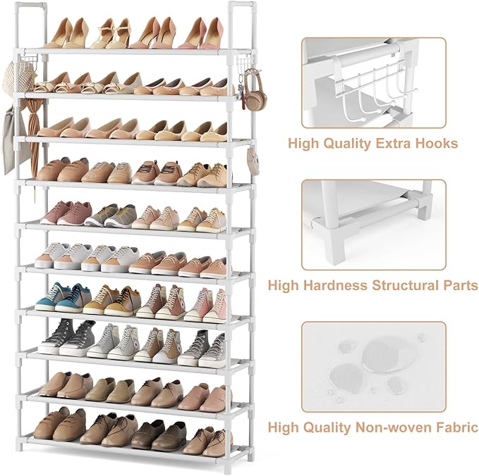 VTRIN 10 Tiers Shoe Rack Tall Large Capacity 50 Pairs Wide Shoe Organizer Sturdy Shoe Shelf for Entryway with Two Hooks Metal Shoe Storage for Closet, Bedroom, White, XJ-113