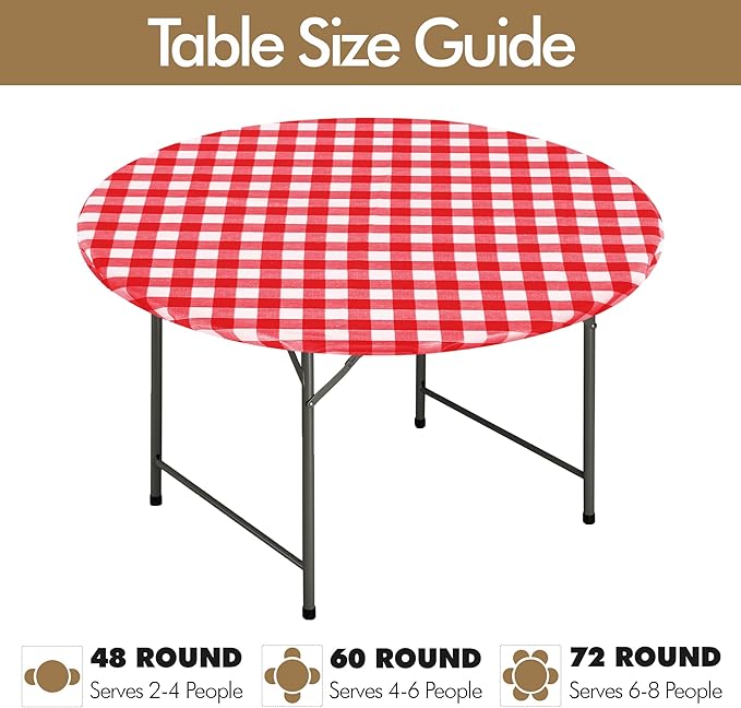 Fitable Waterproof Fitted Round Tablecloth with Elastic - 2 Pack Gingham Vinyl Tablecloth with Flannel Backing Outdoor Table Cover for Picnic Party, Red and White (Fit for 57"-68" Round Tables)