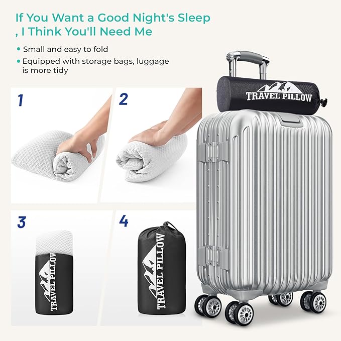 Travel Pillow Memory Foam Pillows, Camping Pillow-Compressible Medium Firm, Breathable Cover, Ideal Backpacking Hiking, Bed Pillows, Airplane and Car (White, M)