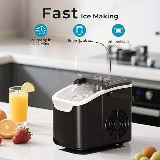 Ice Makers Countertop, 8pcs/ 6mins with 2 Sizes, Self-Cleaning, 26.5Lbs/Day Quiet Portable Mini Ice Machine with Basket/Scoop, Energy Saving for Home/Office/Kitchen/RV, Black