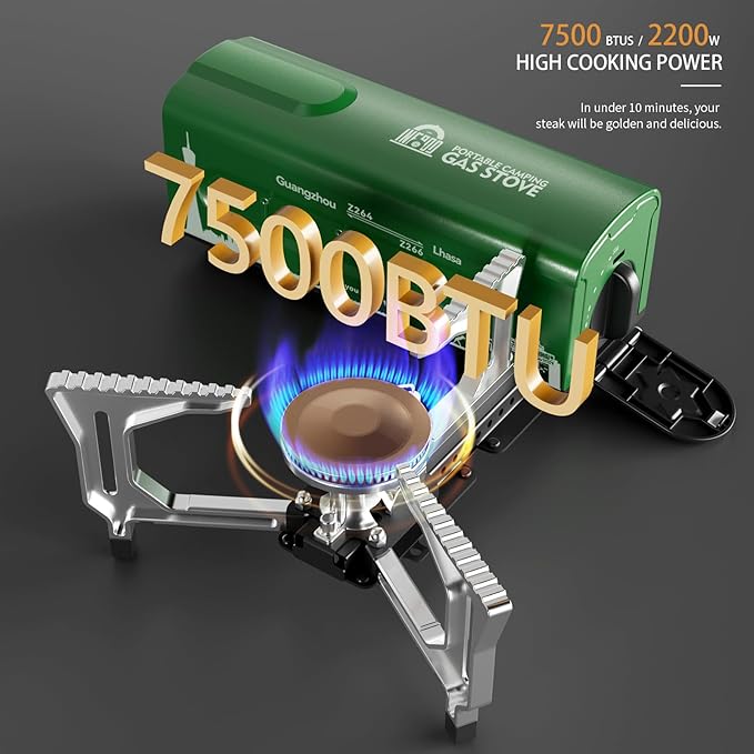 Portable Butane Gas Camping Stove - 7500 BTU Compact Folding Design with Carry Bag for Backpacking, RV Trips, Picnic & Outdoor Indoor Cooking, Green