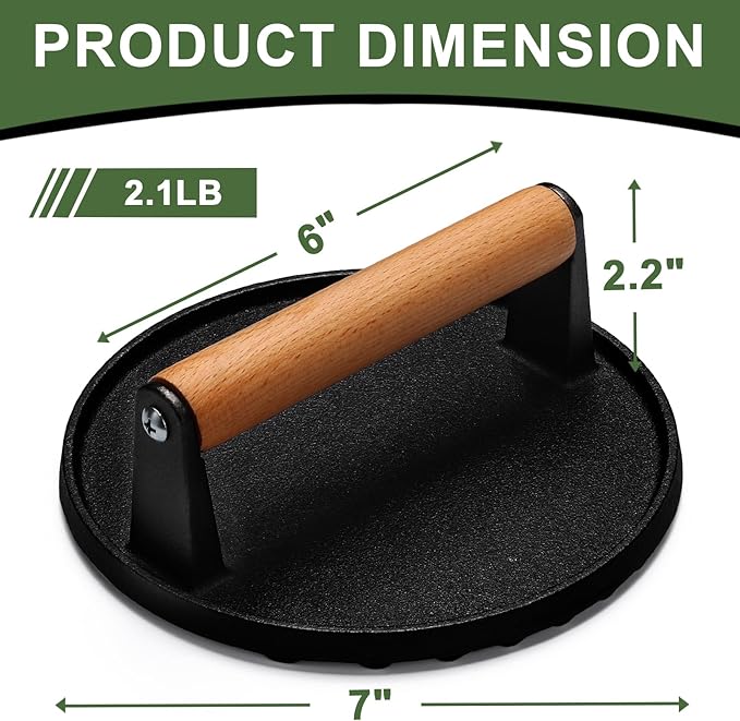 EWFEN Burger Press, 7" Round Heavy-Duty Cast Iron Smash Bacon Press Meat Steak with Wood Handle for Griddle, Sandwich, Nonstick Pan