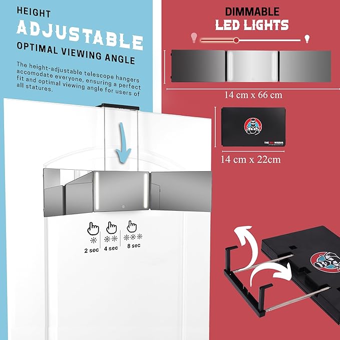 The 360 Mirror - 3 Way Mirror for Self Hair Cutting - Adjutable Trifold Barber Mirro to Cut Your Own Hair - Tri Fold Self Haircut System - Three Sided Mirro for Haircuts (Black - Mini LED Version)