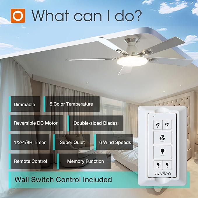 addlon Ceiling Fans with Lights, 52 inch Flush Mount Ceiling fan with Remote Control, Wall Remote, Reversible, 5CCT, Dimmable, Noiseless DC Motor, Nickel Low Profile Ceiling Fan for Bedroom, Farmhouse