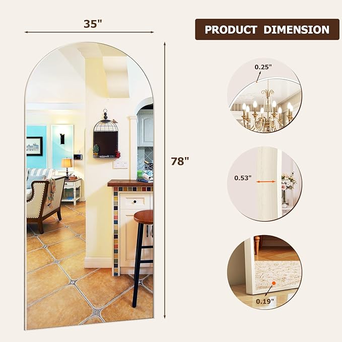 36"x78" Extra Large Arched Full Length Mirror - Leaning Mirror Arch Wall-Mounted Mirrors - Aluminum Alloy Frame Modern Simple Home Decor - for Living Room Bedroom Cloakroom