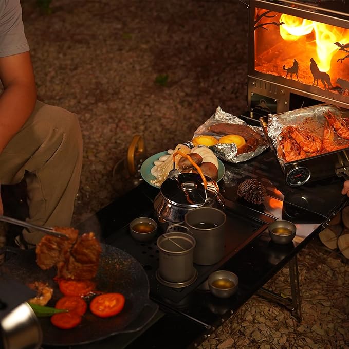 M8 Wood Burning Stove with Oven & Folding Camping Table, Stainless Steel Portable Hot Tent Stove, Including 6 Chimney Pipes, for Camping, Tents, Cooking and Travel (Silver)