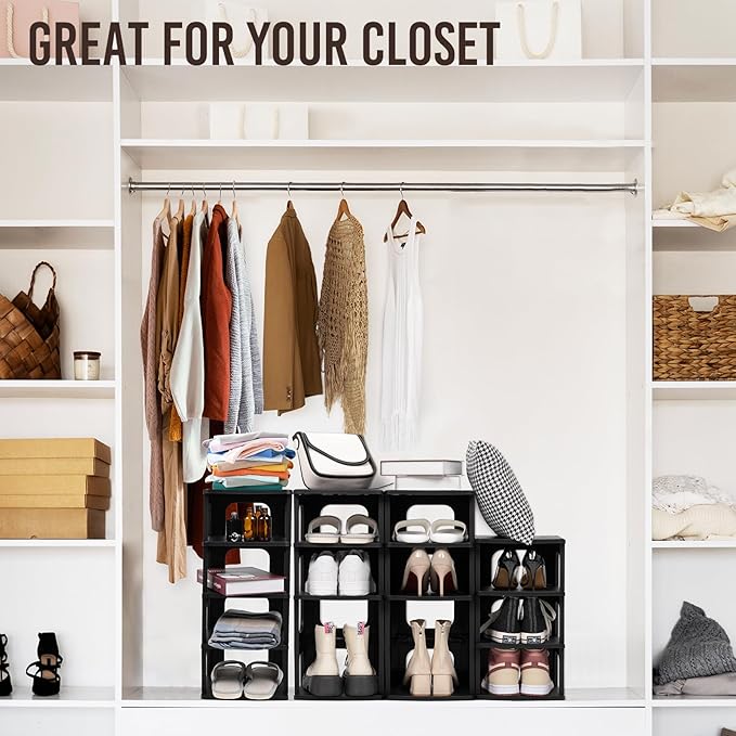 TRZZ 8-Tier Small Shoe Rack, Vertical Narrow Stackable Organizer with Removable Partition, Efficient Shoe Storage for Closet, Entryway, and Small Spaces (Black)