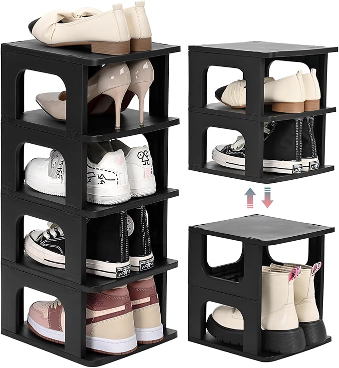 TRZZ 5-Tier Small Shoe Rack, Vertical Narrow Stackable Organizer with Removable Partition, Efficient Shoe Storage for Closet, Entryway, and Small Spaces (Black)