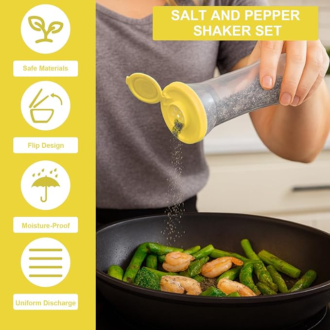 Set of 2 Clear Salt and Pepper Shakers, Plastic Spice Jars with Colorful Lids, Leakproof Moisture-Proof for Home Kitchen Restaurant, Camping, Travel, Picnic (Yllow)