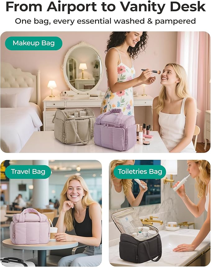 BAGSMART Puffy Travel Toiletry Bag, Roomy Makeup Bag with Multi-Pockets for Full-Sized Toiletries & Accessories, Purple