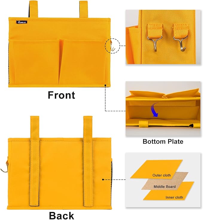 Surblue Bedside Caddy Hanging Bed Organizer Storage Bag Pocket for Bunk and Hospital Beds, College Dorm Rooms Baby Bed Rails, Camp 4 Pockets and 2 Hooks (Small, Yellow)