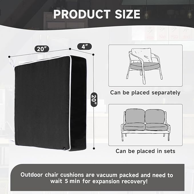 PNP FKJP 2 Pack Outdoor Chair Cushion 20" X 20" X 4", Waterproof Outdoor Seat Cushions with Non-Skid Ties, Black (Cushion + Cover)