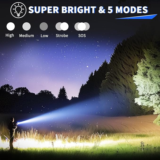 3Pack Rechargeable Flashlights High Lumens, Super Bright Flashlight, 5Modes LED Flashlight Rechargeable, Adjustable Tactical Flashlights High Powered, Flash Lights for Emergency Camping Home