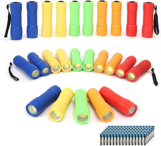 30-Pack Small Mini Flashlight Set, 5 Colors, COB LED Handheld Flashlight with Lanyard,90-Pack AAA Battery Included for Kids/Night Reading/Party/Camping/Emergency/Hunting