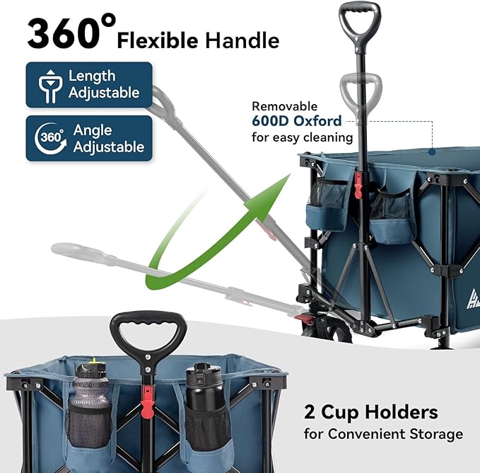 Hikenture 330lbs Collapsible Wagon Cart, Ultra-Large Wagons Carts Foldable Heavy Duty, Utility All Terrain Folding Wagon with Wheels for Groceries, Garden, Sports, Beach, Shopping, Blue