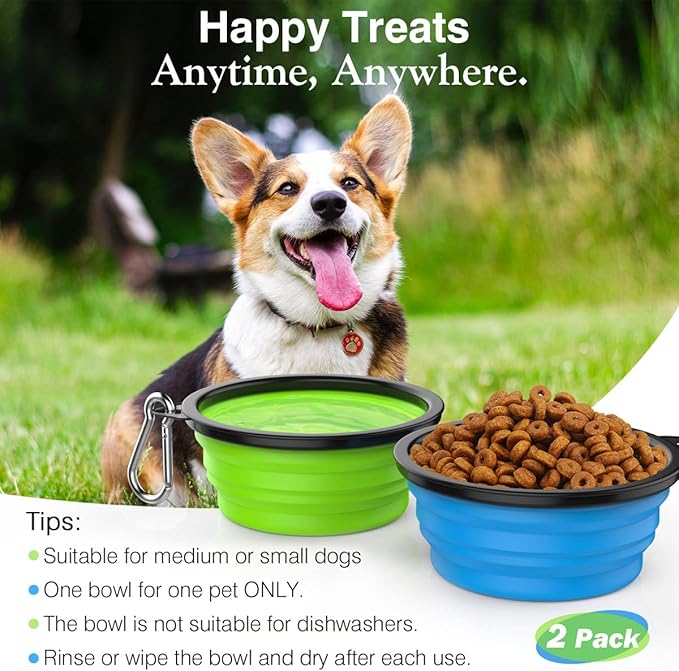 Pawaboo Silicone Collapsible Dog Bowls 2 Pack, Blue + Green, 5.1 x 3.5 x 2.1 in, 13 x 9 x 5.5 cm, Lid Included, Portable, Easy Cleanup, Suitable for Small to Medium Dogs