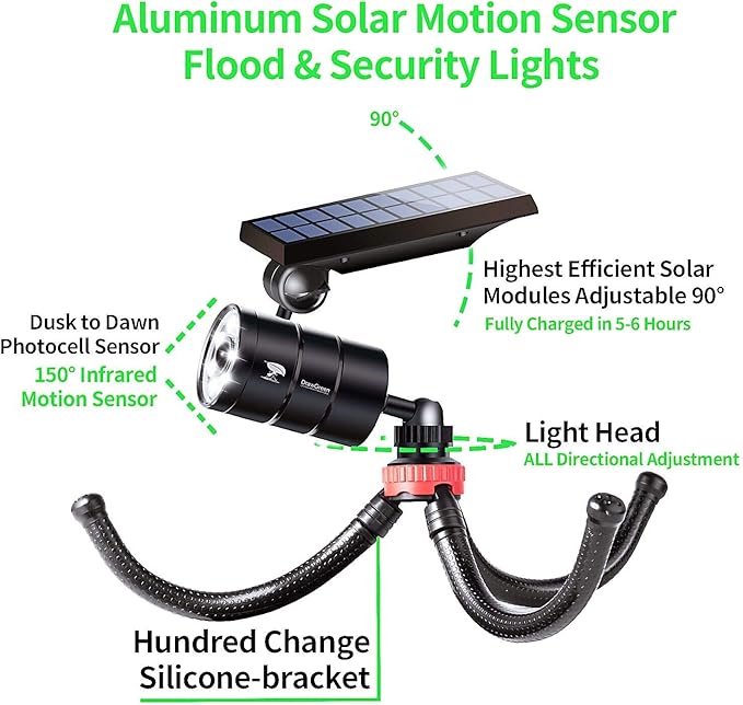 Solar Motion Sensor Camping Lights Aluminum Case, 100-Week FREE Refund/Replacement, Solar Spot Light Outdoor Waterproof Motion Sensor Security Lights for Yard Deck Camp Post Step Hunting Hiking