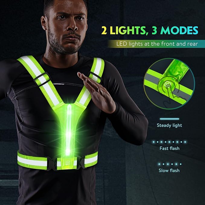 Simket Led Reflective Vest Running Gear, High Visibility Reflective Running Gear Rechargeable Adjustable Led Running Vest, Safety Night Running Gear for Men Women