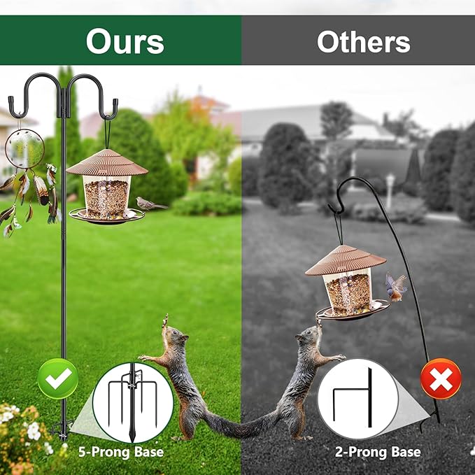 Black Double Shepherds Hook - 82 Inch Adjustable Bird Feeder Pole with 5 Prongs Base - Heavy Duty Rustproof Shepards Hooks for Outdoor Hummingbird Feeder Stand, Solar Lights, Lanterns, Flower Basket