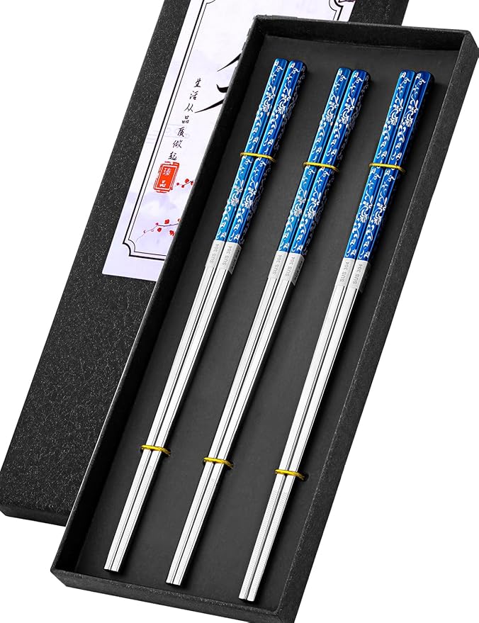 Metal Chopsticks Reusable, 3 Pairs Non-Slip Chop Sticks Reusable Dishwasher Safe, Titanium Plated Stainless Steel Chopsticks Present Set (Blue Silver)
