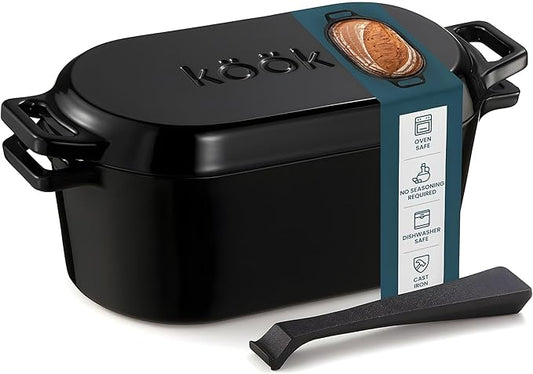 KooK Dutch Oven, for Bread Baking, Sourdough Loaf Pan, with Lid, Dual Handles, Enameled Cast Iron, includes Lid Lever, Dishwasher Safe, 3.4 Qt, Black