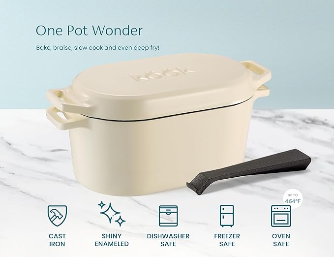 KooK Dutch Oven, for Bread Baking, Sourdough Loaf Pan, with Lid, Dual Handles, Enameled Cast Iron, includes Lid Lever, Dishwasher Safe, 3.4 Qt, Ivory