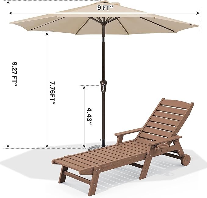 SERWALL Patio Chaise Lounge Chair Set of 2 with 9FT Patio Umbrella, 78'' HDPE Outdoor Lounger 5 Positions Adjustable, Poly Lounge Chair with Rolling Wheels & Cup Holder for Pool,Wooden Brown