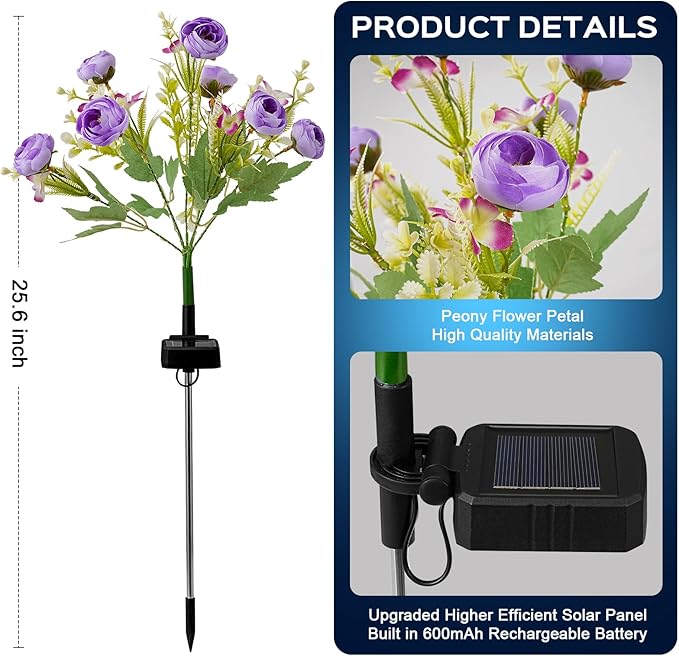 2 Pack Solar Garden Lights Outdoor, Colorful LED Waterproof Solar Powered Peony Flowers Landscape Lights for Outside Yard, Patio, Pathway Decorative, Décor, Gifts, Two Lighting Modes